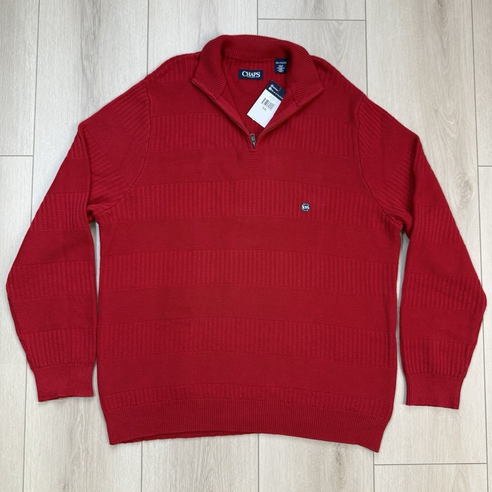 CHAPS Red Cotton Textured Quarter Zip‎ Sweater Men's XXL NWT Rib Knit Pullover